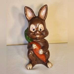 Vintage 70s Ceramic Chocolate Easter Bunny Holding Carrot Signed Spring Decor